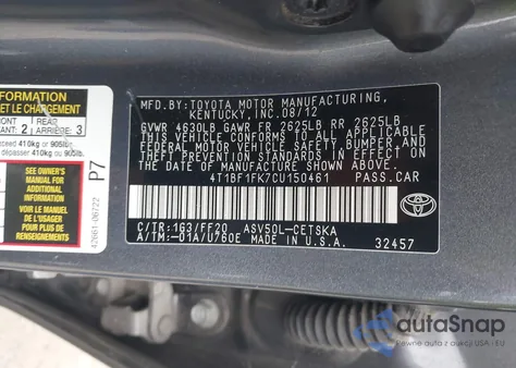 2012 Toyota Camry Se from USA, damaged, VIN 4T1BF1FK7CU150461